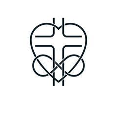 Immortal Love of God conceptual symbol combined with infinity loop sign and Christian Cross with heart, vector creative logo.