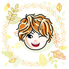 Vector illustration of beautiful red-haired happy girl face, positive face features, teenager winking. Autumn theme clipart.