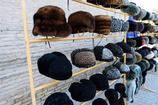 Fur hats at market stall