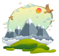 Scenic landscape of mountain peaks range, cloudy sky with birds and sun, summer vector illustration in paper cut kids style. Summer holidays, travel and tourism.