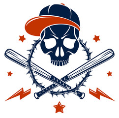 Gangster emblem logo or tattoo with aggressive skull baseball bats and other weapons and design elements, vector, criminal ghetto vintage style, gangster anarchy or mafia theme.