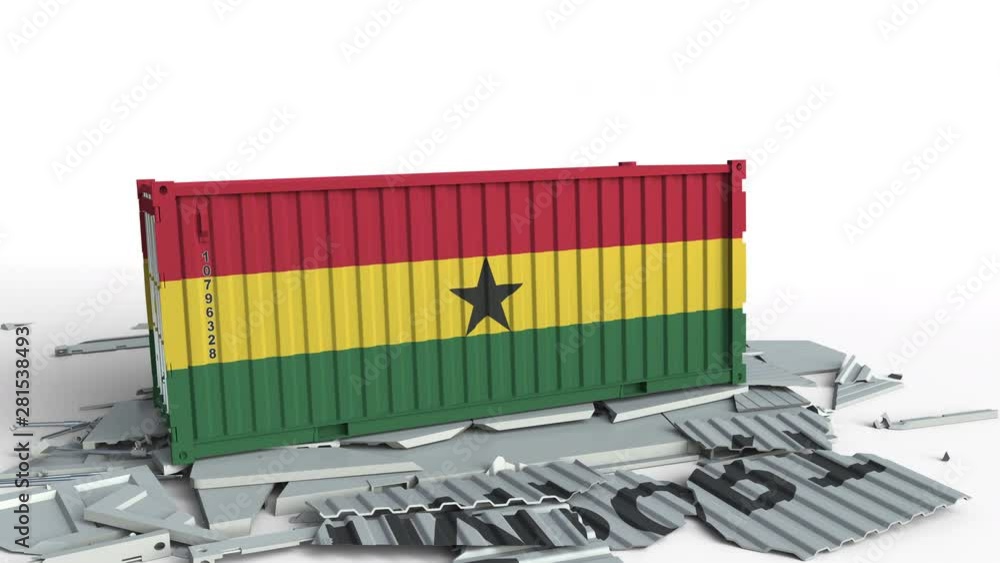 Poster cargo container with flag of ghana breaks container with import text. conceptual 3d animation