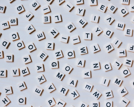 Overhead view of blocks of scattered letters
