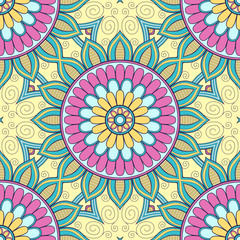 Decorative colorful ethnic seamless pattern for fabric or wrapping in oriental style. Hand drawn illustration