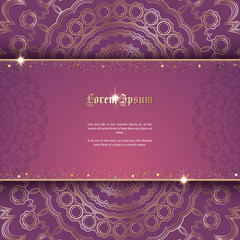 Greeting card or invitation template with golden ornament and confetti. Design for any purposes: wedding, birthday, anniversary or christmas