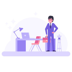 Modern workplace concept. Table, chair and computer. Corporate character worker.