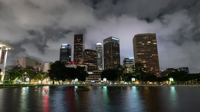 Los Angeles Downtown Skyline Reflected On Water Time Lapse Zoom