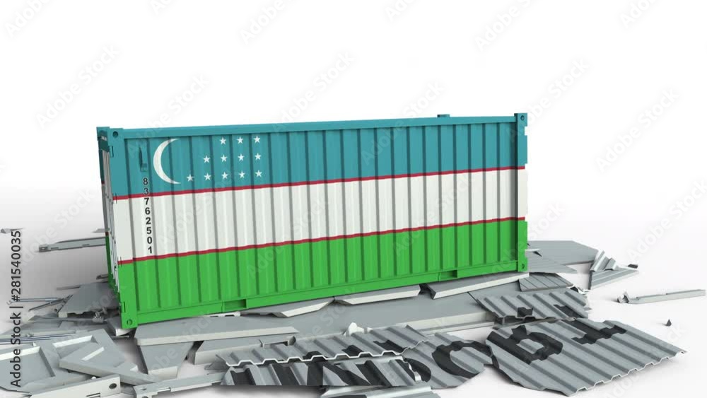 Poster cargo container with flag of uzbekistan breaks container with import text. conceptual 3d animation