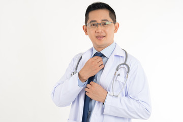 Smiled kindness asian male doctor standing isolated on white background.