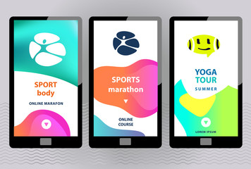 Sport online marathon education app concept. Summer yoga tour logo. Three touching screen smartphone for Template App Development Landing Front page mobile website. Easy customize and edit