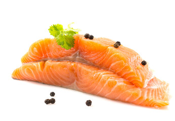 Raw salmon with coriander leaves and black pepper on the White Blackground