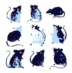 Grunge sketch mouse with long tail isolated on white background.  Freehand drawn mice. Chinese 2020 year symbol. Silhouette rat