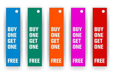 Pack of 5 thin product tags for advertising buy one get one free with 5 different background colours vector