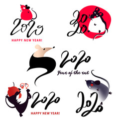 Set silhouette isolate mouse for Happy new year party 2020. Lunar horoscope sign Rat. Funny mouse with long tail. Chinese Happy new year. Smile Mice with 2020