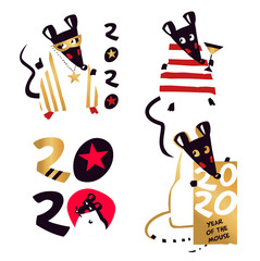Set silhouette isolate mouse for Happy new year party 2020. Lunar horoscope sign Rat. Funny mouse with long tail. Chinese Happy new year. Smile Mice with 2020