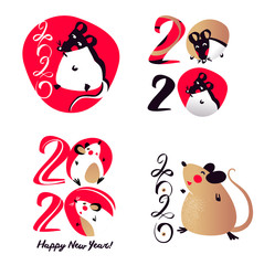 Set silhouette isolate mouse for Happy new year party 2020. Lunar horoscope sign Rat. Funny mouse with long tail. Chinese Happy new year. Smile Mice with 2020