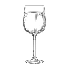 Hand drawn full wine glass sketch. illustration isolated on white background. Engraving style.