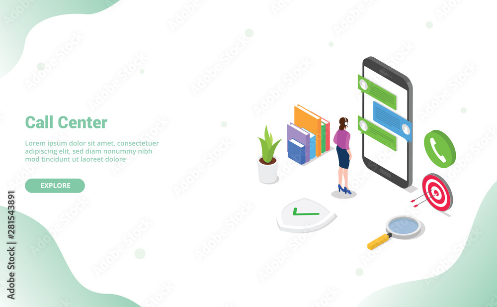 Poster call center concept chat with man standing customer support on the smartphone apps with modern isome