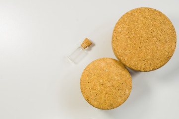 Empty little bottles with cork stopper. transparent containers. test tubes. big cork
