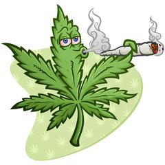 A cheerful marijuana vector cartoon character getting high and smoking a huge rolled up pot joint and blowing smoke - 281545854