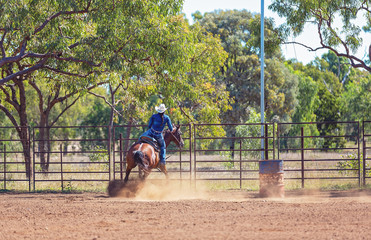 Horse And Rider Competing In Barrel Race At Outback Country Rodeo