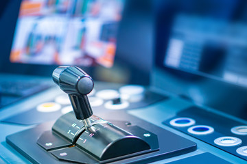 Handle regulation. Joystick. Control lever. Control panel devices. Dashboard. Management console. © Grispb