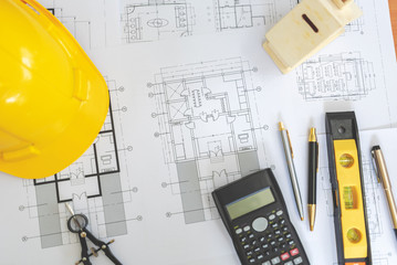 High Angle View Of Engineer Architect Plan and object.