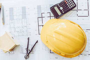 High Angle View Of Engineer Architect Plan and object.