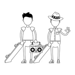 hipster boys with green skateboards in black and white