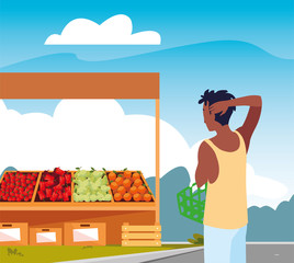 customer man farm products stand