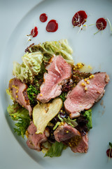 top view closeup fresh caesar salad with prosciutto