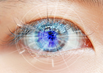 Close up women eye scanning technology in the futuristic, operation, lasik, cataract.