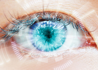 Close up women eye scanning technology in the futuristic, operation, lasik, cataract.