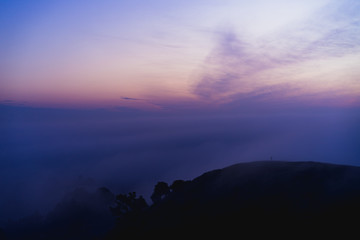 Purple must and fog during sunrise