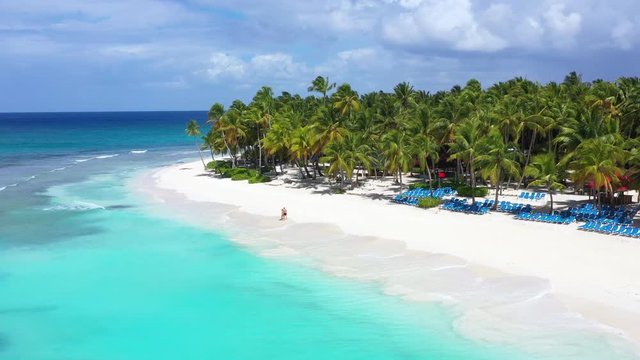 Aerial view from drone on tropical shore with coconut palm trees and turquoise caribbean sea. Travel destinations. Summer vacations