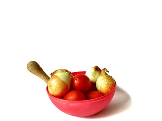 Fresh tomatoes and onions ready to make sauce with white background. pizza ingredient