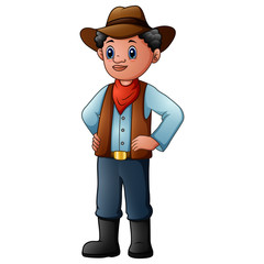 Old cowboy wearing a red bandana, hat and boots