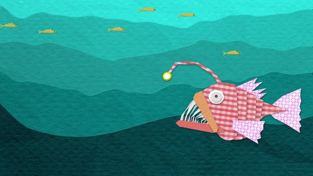 Angler fish waits for prey and eats it. 4K cut out, stop motion style video that can be looped.