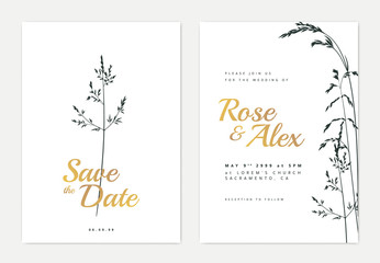 Botanical wedding invitation card template design, dark green silhouette grass flowers on white