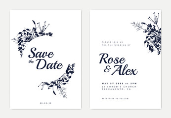 Botanical wedding invitation card template design, dark blue silhouette grass flowers wreath on white