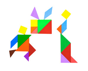 tangram shaped as a man giving present to a lady on white
