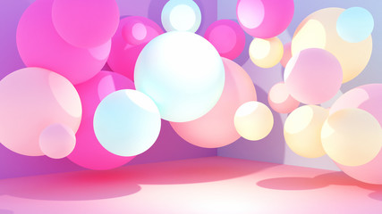 Purple room decorated with random sizes colorful balls. 3d rendering picture.