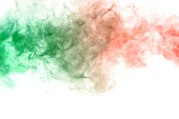 Horizontal pillar of smoke colliding in red and green on a white background. Print for t-shirt. Toxic ink.