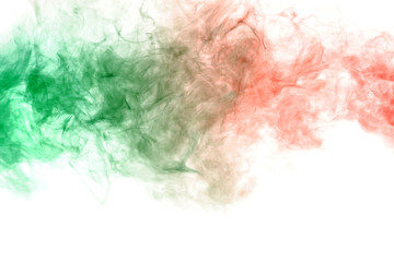 Horizontal pillar of smoke colliding in red and green on a white background. Print for t-shirt. Toxic ink.