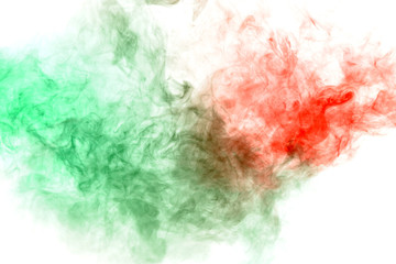 Column clouds of smoke and patterns texture of different forms of red and green colors with tongues of flame on a white isolated background. Print for t-shirt. Toxic ink.