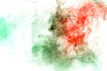 Column clouds of smoke and patterns texture of different forms of red and green colors with tongues of flame on a white isolated background. Print for t-shirt. Toxic ink.