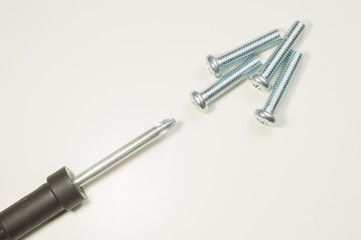 Screwdriver and screws on a white background