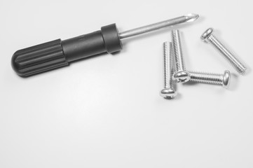 Screwdriver and screws on a white background