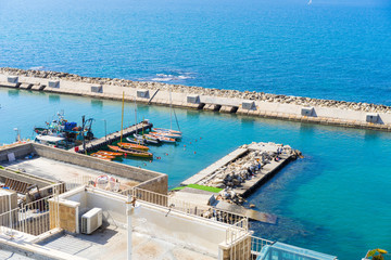 View of boats and a dock at Tel Aviv, Israel