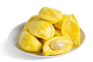 Jackfruit. Fresh yellow ripe jackfruit slices sweet delicious placed in white plate isolated on white background. Exotic tropical vegetarian fruit. Top view.